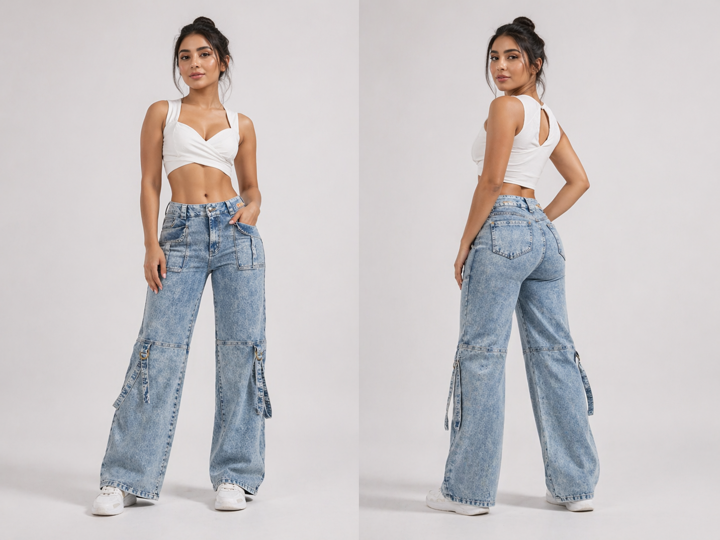 Jeans - Wide Leg Acid Wash Cargo